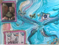 Turquoise swirling artwork with butterflies and pink-framed images of pottery and a figure pulling a cart of books.
