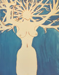 Cream-colored female figure merging with spreading tree branches against a deep teal background.