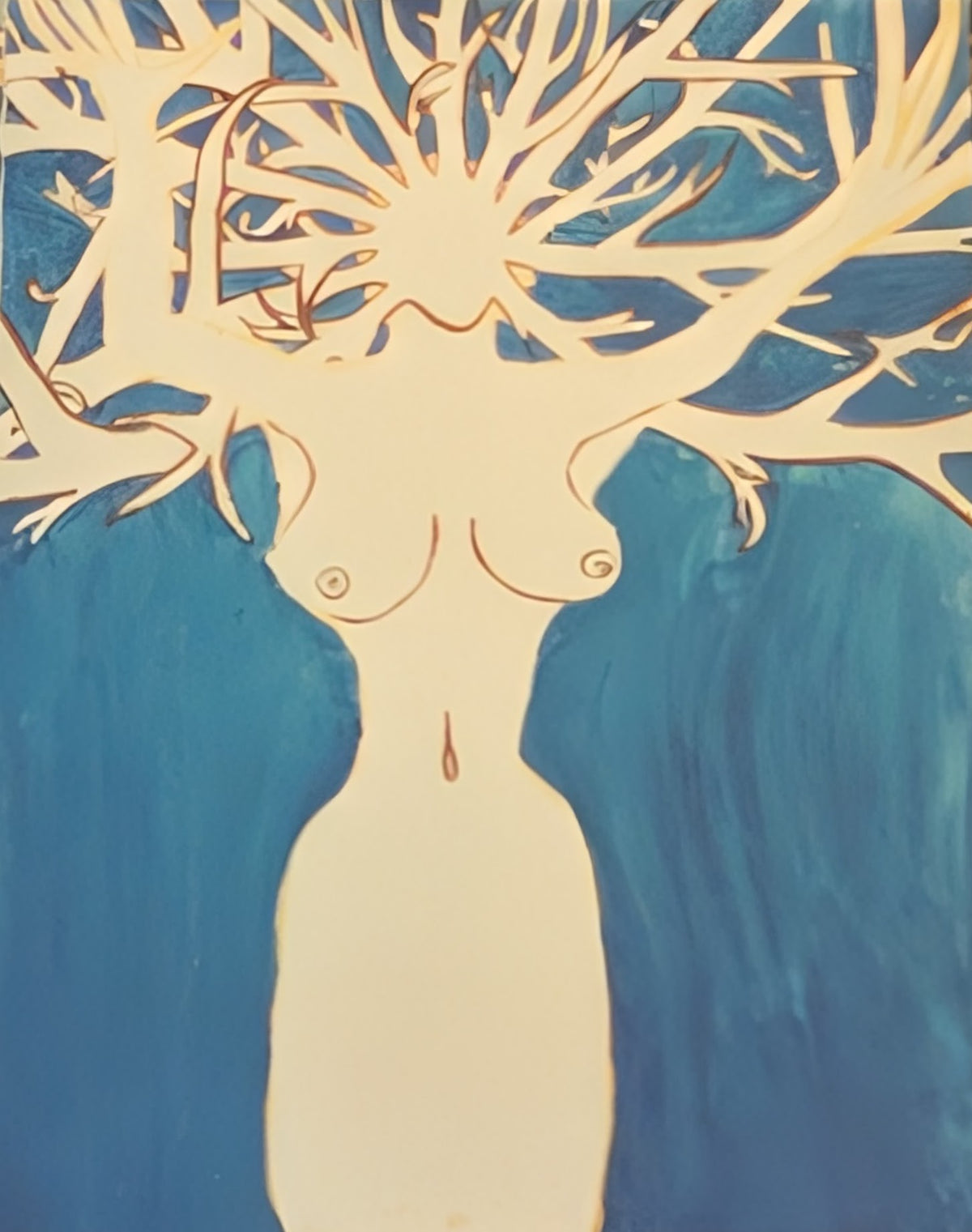 Cream-colored female figure merging with spreading tree branches against a deep teal background.
