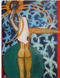 Expressive abstract figure with golden lines, green shapes, and a layered blue background.