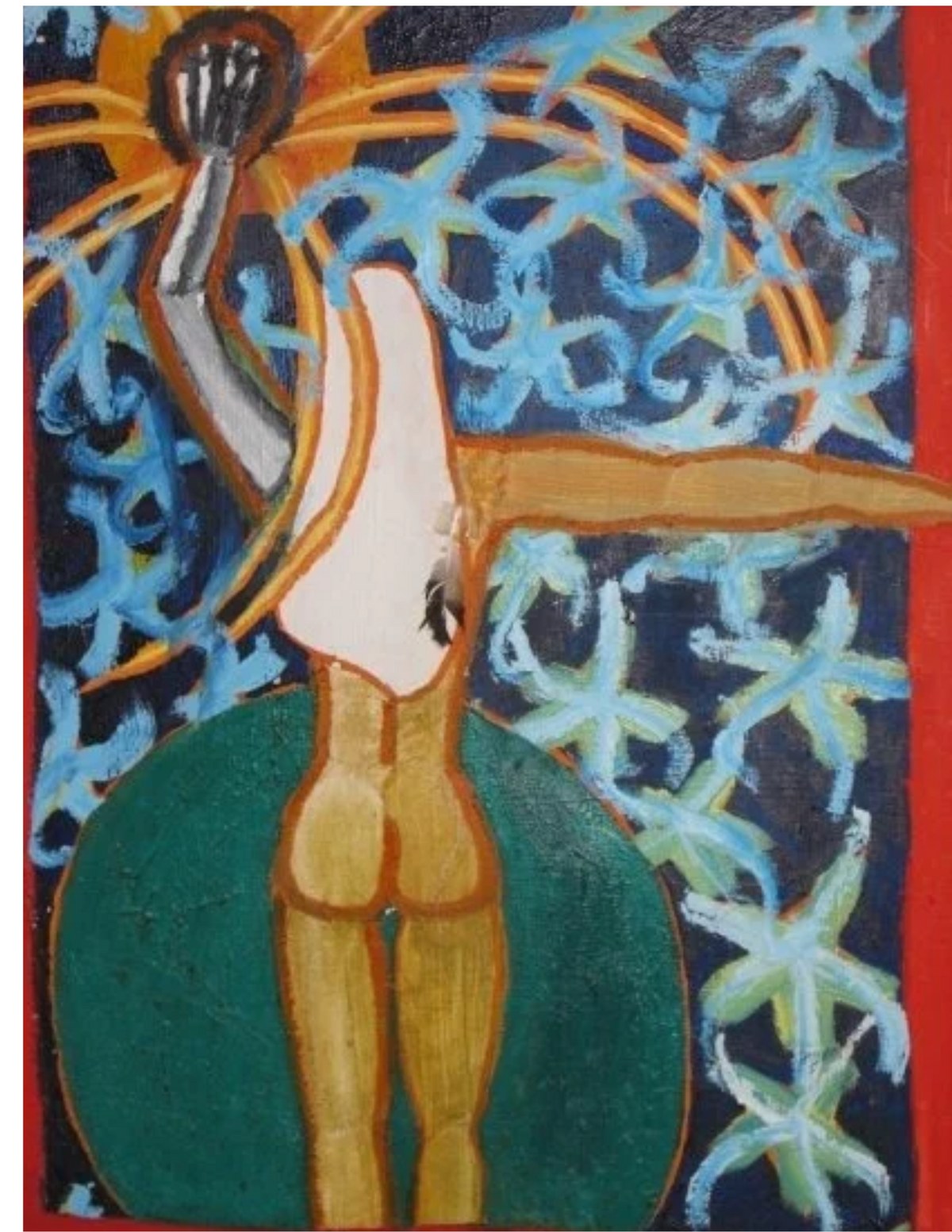 Expressive abstract figure with golden lines, green shapes, and a layered blue background.