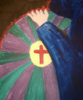 Artwork showing blue drapery and a pale hand beside green and purple rays, with a red cross inside a yellow circle.