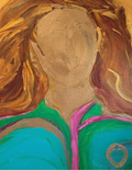 Painted portrait with copper-and-gold hair, a softly defined face, and teal and green clothing with pink trim and a gold-colored emblem.