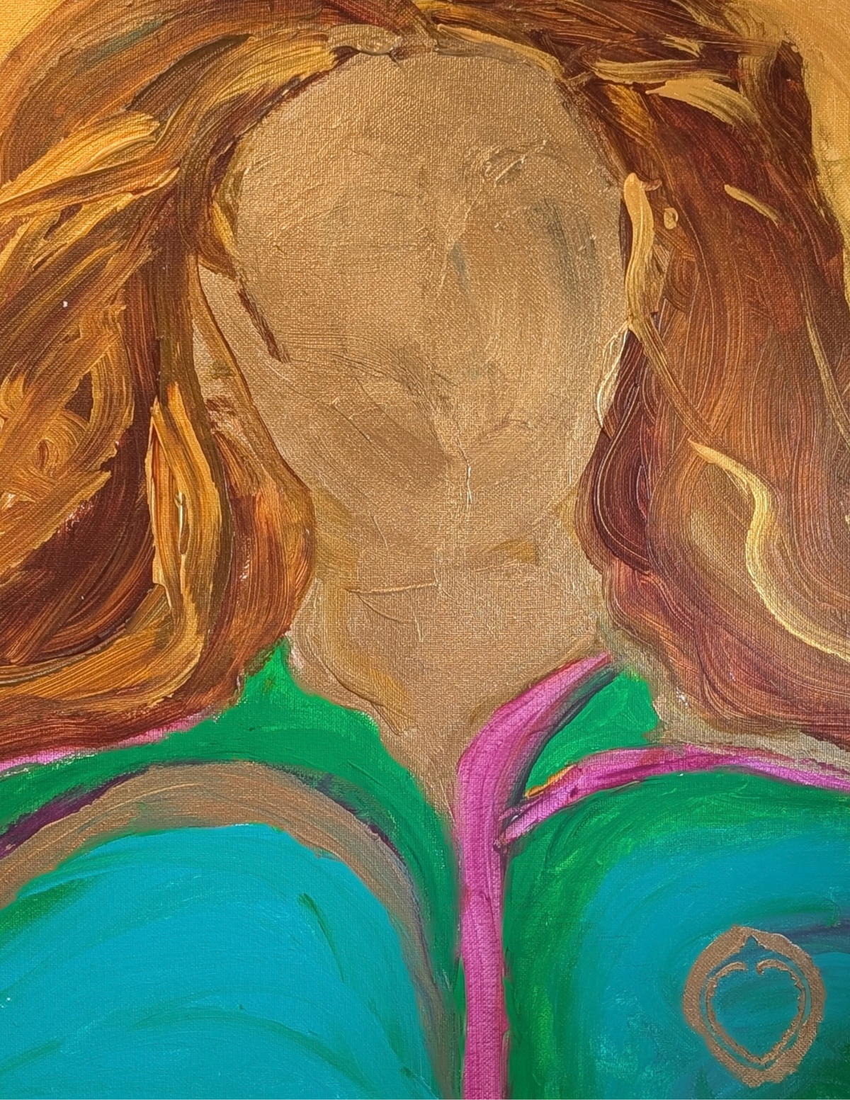 Painted portrait with copper-and-gold hair, a softly defined face, and teal and green clothing with pink trim and a gold-colored emblem.