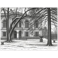 Black-and-white illustration of an ornate building with arched windows, bare trees, and a snow-covered courtyard.