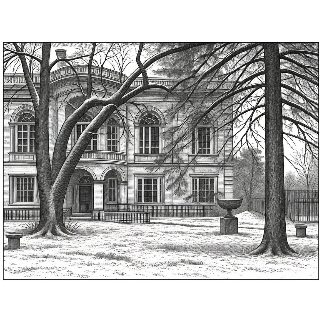 Black-and-white illustration of an ornate building with arched windows, bare trees, and a snow-covered courtyard.
