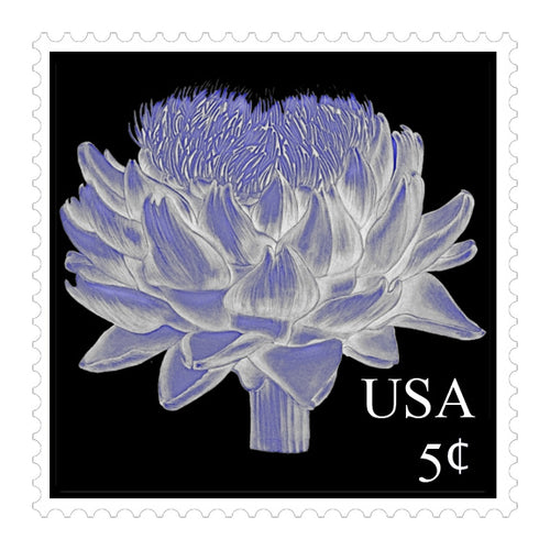 Postage-stamp-style artwork with a lavender and silver botanical bloom on black, a white scalloped border, and USA 5¢ lettering.